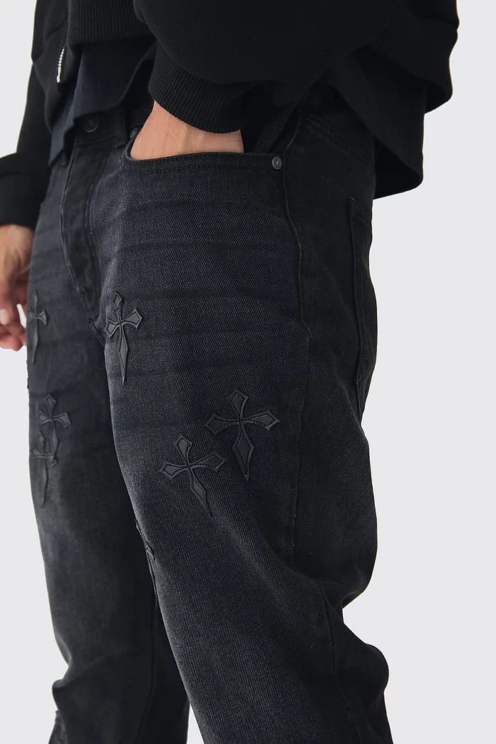 Slim Rigid Flare Washed Denim Cross Applique Jeans Slim Rigid Flare Washed Denim Cross Applique Jeans